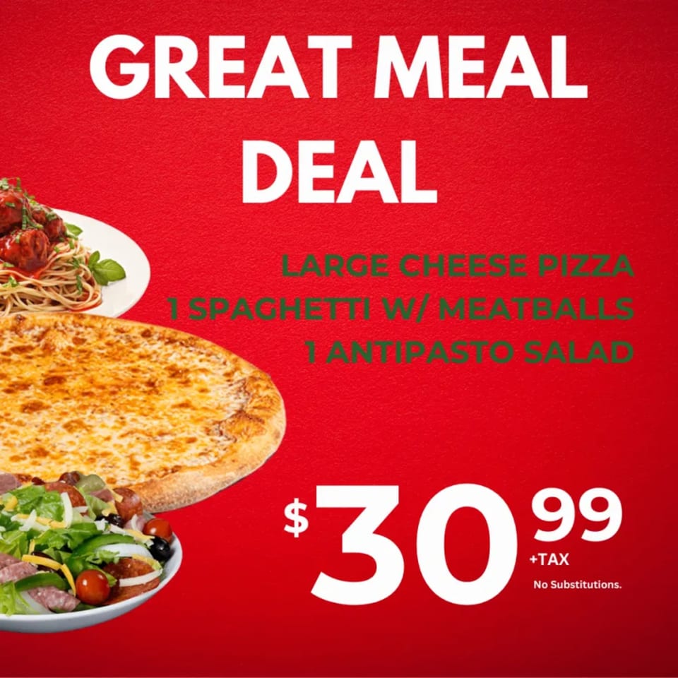Ameci Pizza & Pasta's Great Meal Deal with cheese pizza, spaghetti with meatballs, and antipasto salad.