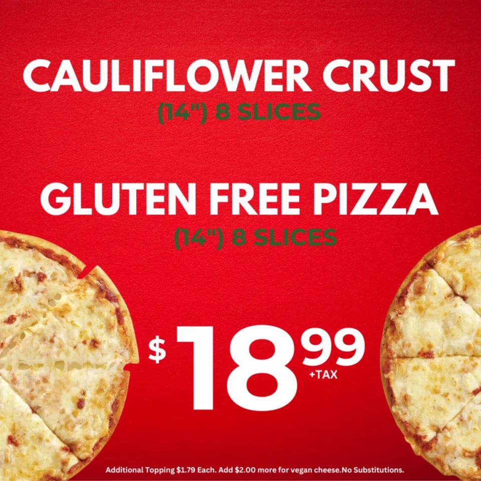 Ameci Pizza & Pasta advertises cauliflower crust and gluten-free pizza for $18.99 on a red background.