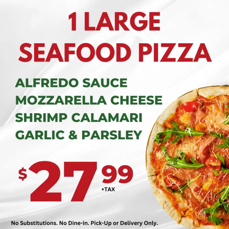 Ameci Pizza & Pasta's large seafood pizza with Alfredo sauce, mozzarella, shrimp, calamari, garlic, and parsley.